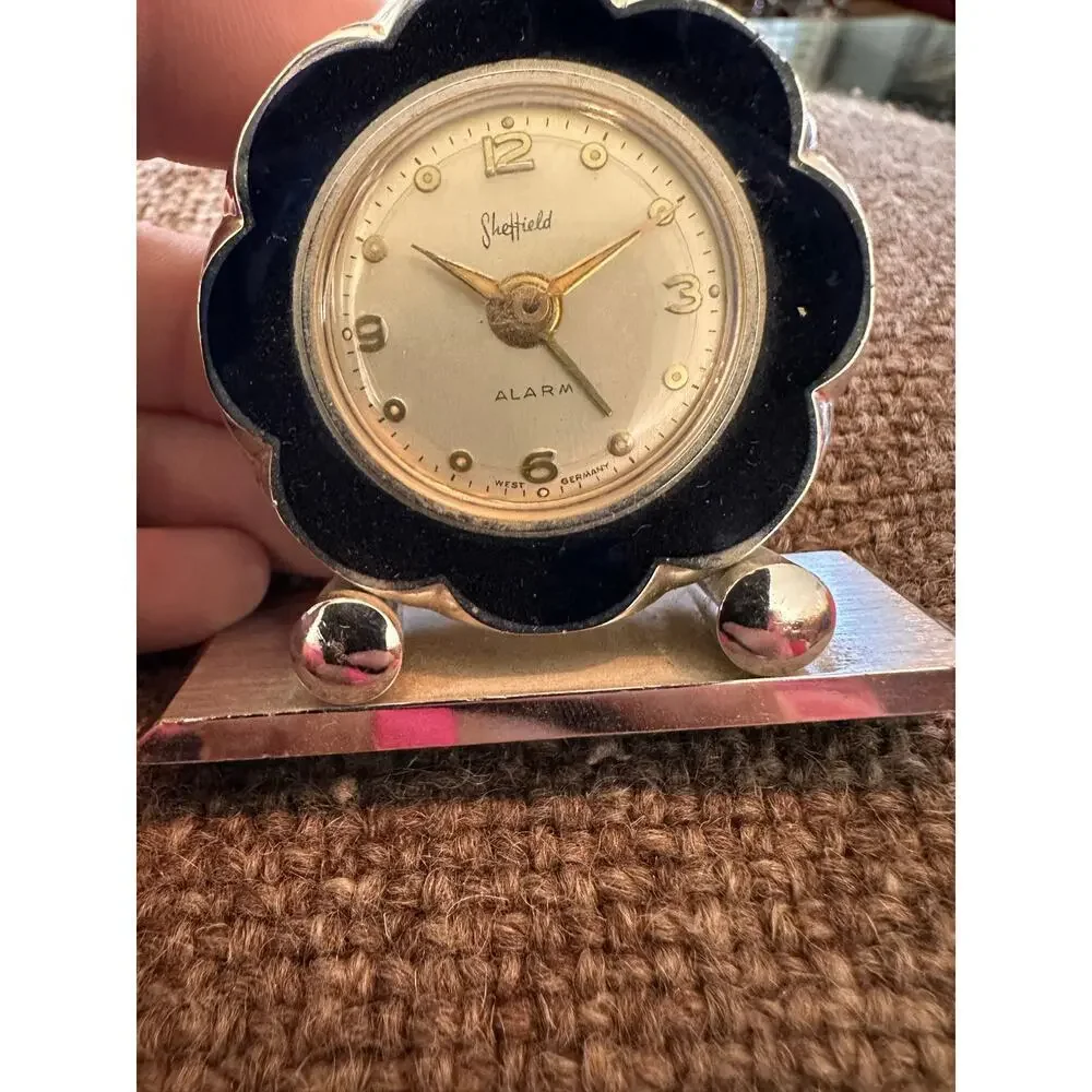 1954 Sheffield Flower Design West Germany Small Travel Alarm Clock